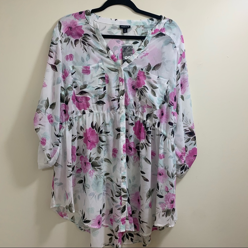 Torrid Blouse Top 18-20 2X Emma Ivory Floral Pink White Long Sleeve Chiffon New